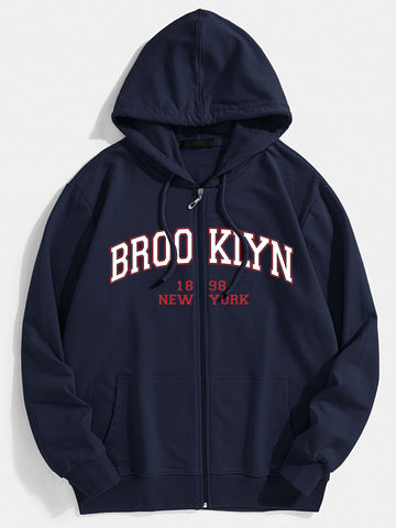 Brooklyn Print Kangaroo Pocket Zip Through Hoodie